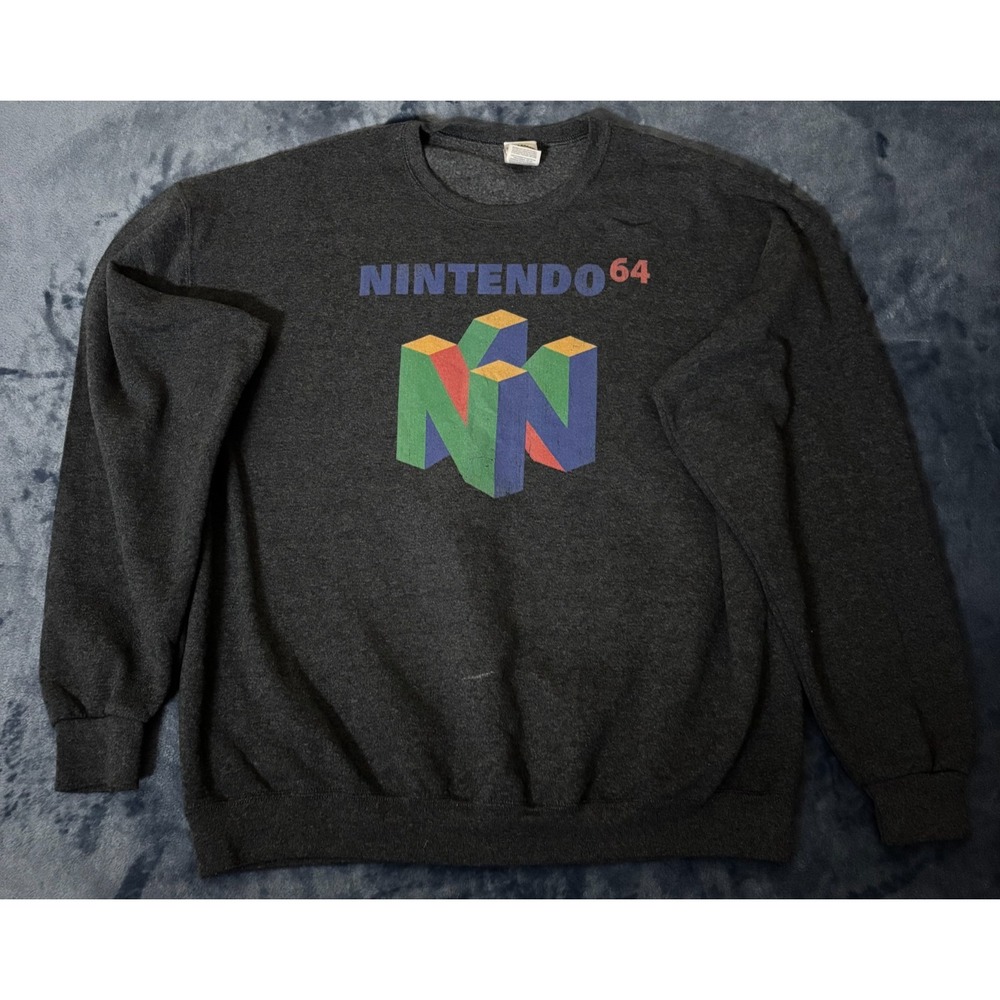 Nintendo Sweatshirt Mens Charcoal Heather Classic N64 Logo Crewneck Outdoor XL